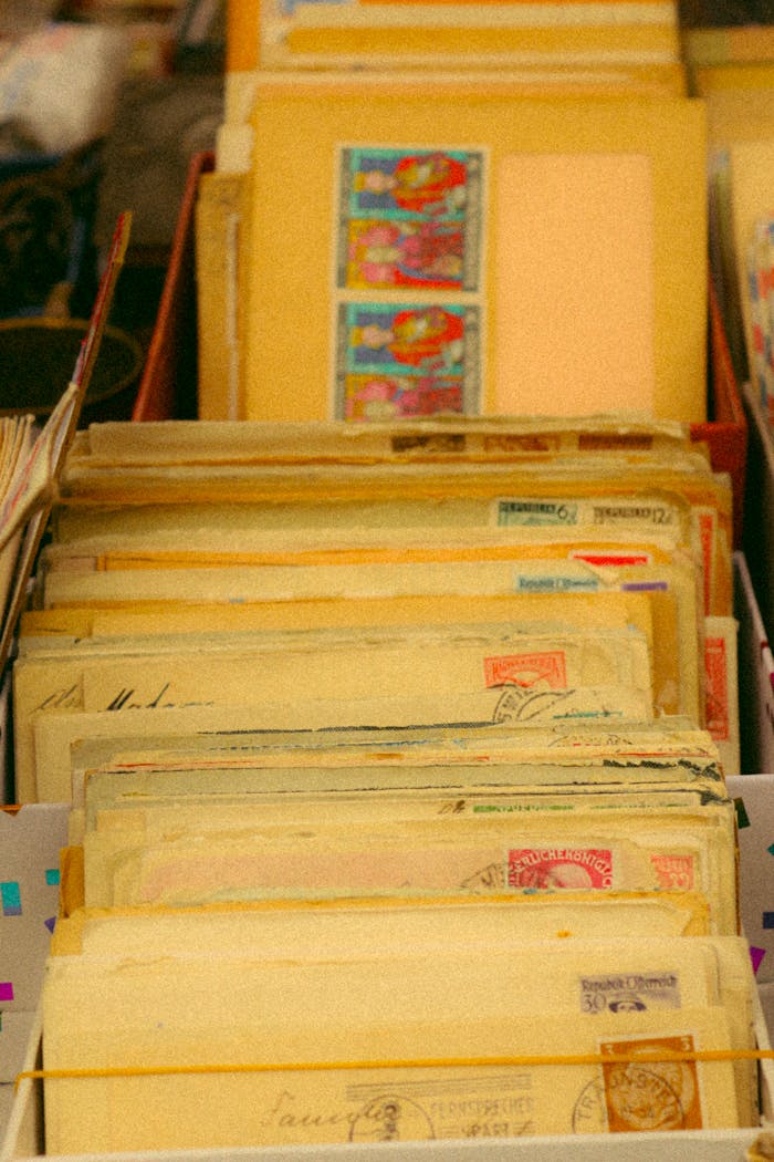 A close-up view of vintage envelopes and colorful stamps, showcasing nostalgic postal history.